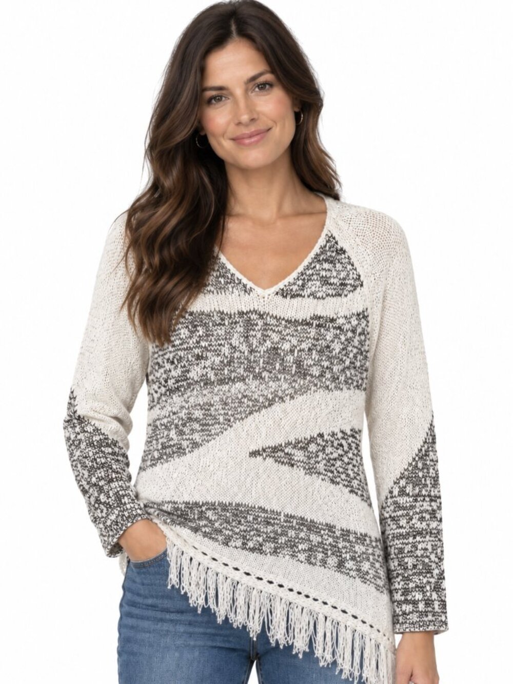 Chico's Artsy V-Neck Sweater Size S Womens Stripe Cream Fringe Boho Western